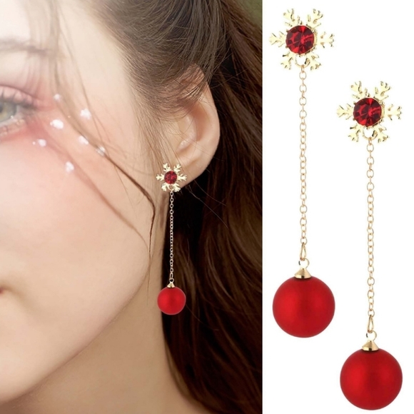Gold plated red crystal pearl drop snowflake earrings with silver post - Picture 7 of 15